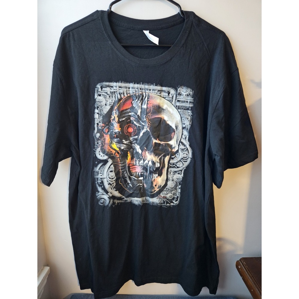 Men's 2XL Black Graphic T-Shirt – Cyborg Skull / Tech Skull Design – 100% Cotton - Picture 1 of 7